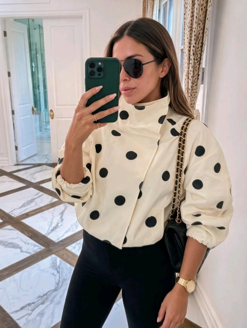 Women's Elegant Polka Dot Commuter Jacket, Fashionable Cinched Waist Spring/Autu